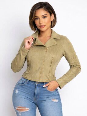 Women's Notch Zippered Suede Rider Jacket - Green